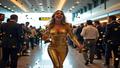 A glamorous celebrity clutching a trophy and passport sprints past an airport gate marked “Reality,” confetti and TSA bins flying like supporting actors who missed their cue.