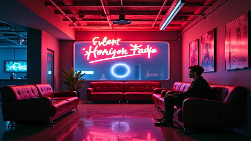 A neon space barbershop sign reads “Event Horizon Fade $10,” while a photon ring sits in the waiting area, sipping plasma.