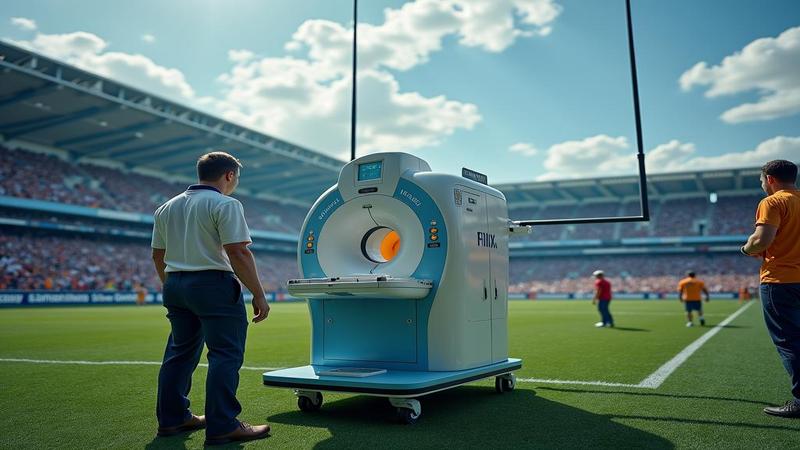 Medical cart idling by a silent goalpost, staff carrying MRI films like ancient scrolls while fans stare in existential halftime.