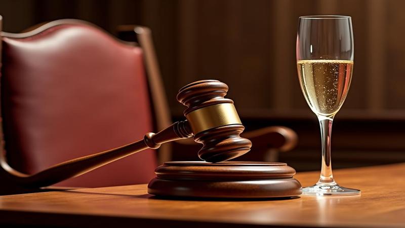 A reality-show confessional chair parked in a courtroom, gavel posed like a microphone beside a champagne flute.