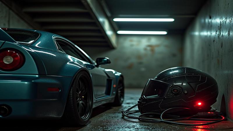 A battered camera and press helmet rest beside car batteries powering a tangle of chargers in a dark stairwell.