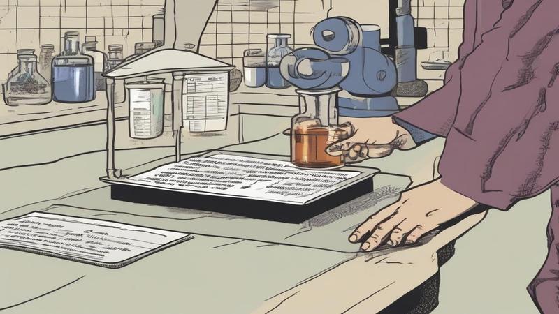 Person stepping off a clinic scale, holding a prescription and a tiny plastic stomach model, torn between science and sorcery.