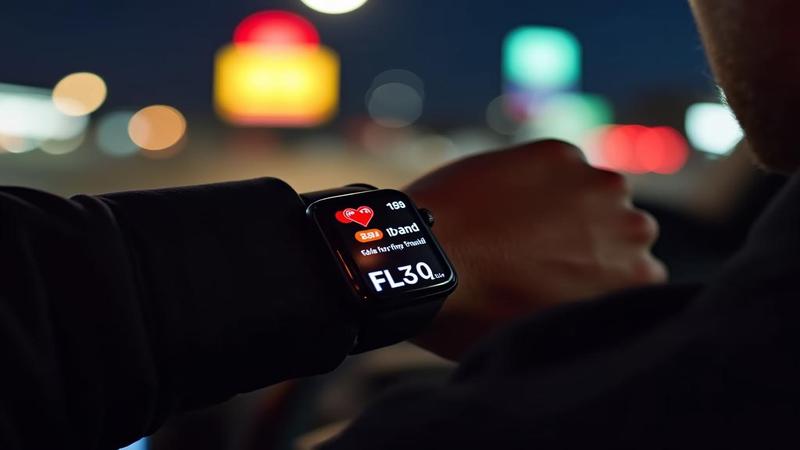Close-up of a smartwatch flashing a heart alert while its owner orders fries through a drive-thru window at midnight.
