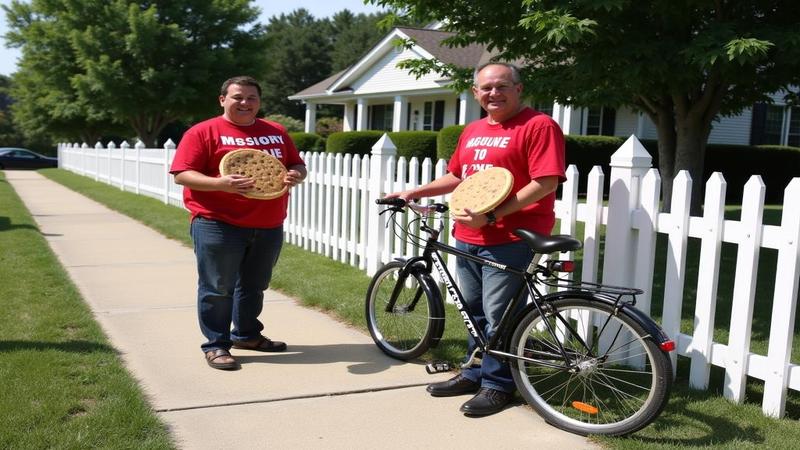 Two missionaries offer oversized cookies labeled “Free to Be Me” on a suburban sidewalk; a bicycle leans against a white picket fence.