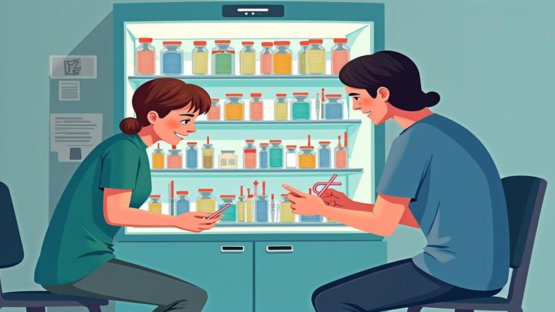 A pediatric vaccine fridge bursting with colorful vials while a nurse consults an absurdly long appointment calendar.