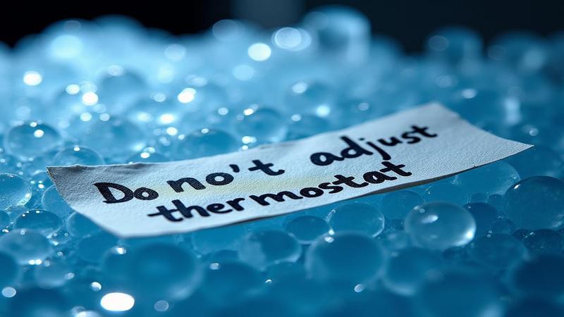 Close-up of crystalline ice forming on a textured surface under bright lab lights, with a weary sticky note reading, “Do not adjust thermostat.”