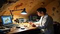 A lab technician studies ancient bones on a cluttered workbench, illuminated by modern gear while a cave painting looks on approvingly from the wall.