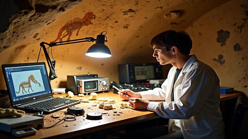 A lab technician studies ancient bones on a cluttered workbench, illuminated by modern gear while a cave painting looks on approvingly from the wall.