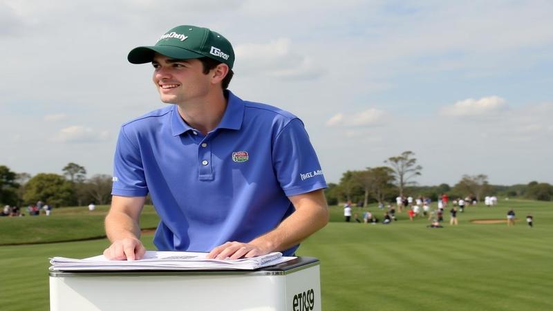Keegan Bradley at a podium on a tee box, holding a binder labeled “Vibes Only,” Bethpage Black looming like a stern gym teacher.