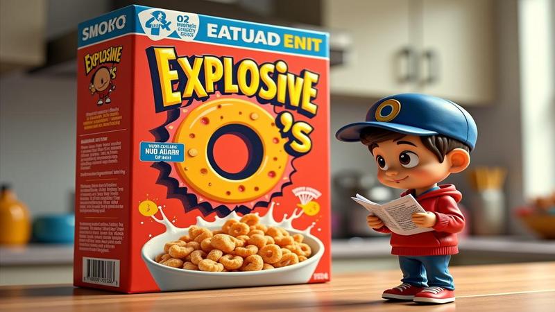A mid-round pick portrayed on a cereal box called Explosive O's, with a tiny coach reading disclaimers under a smoke alarm.