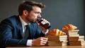 A bond trader sniffing a Chanel bottle while rejecting a stack of French government bonds, against a backdrop of a yield curve shaped like a croissant.