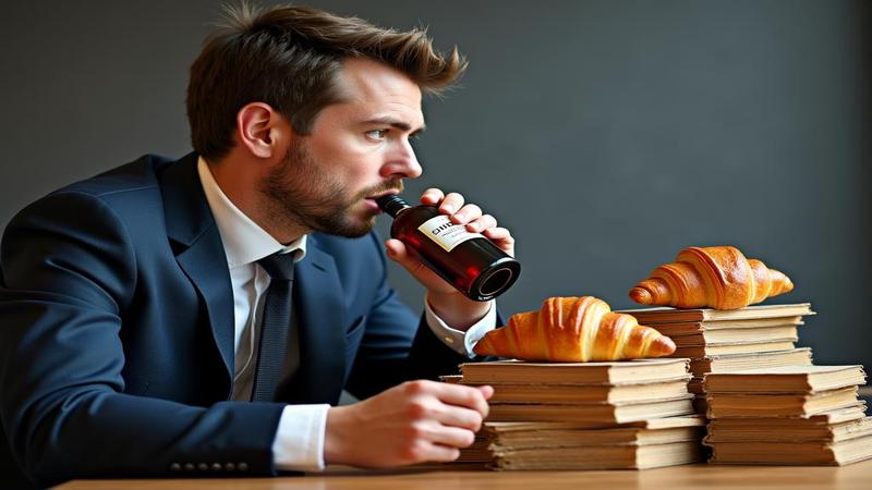 A bond trader sniffing a Chanel bottle while rejecting a stack of French government bonds, against a backdrop of a yield curve shaped like a croissant.