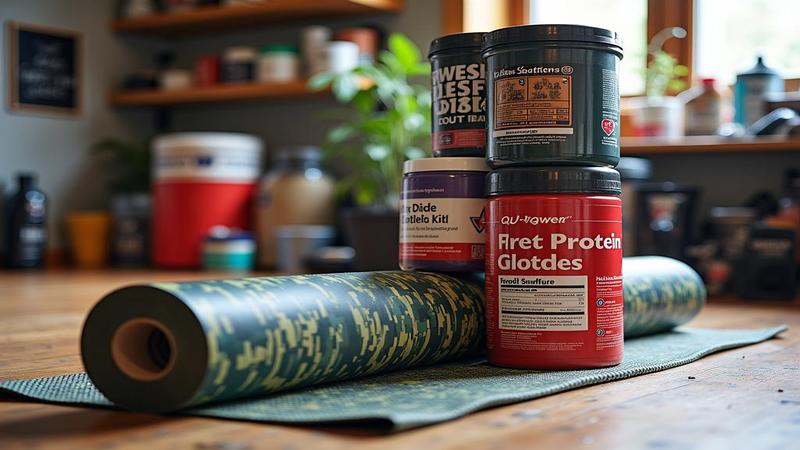 A yoga mat covered in camouflage duct tape next to a towering stack of protein tubs and a first-aid kit sighing audibly.
