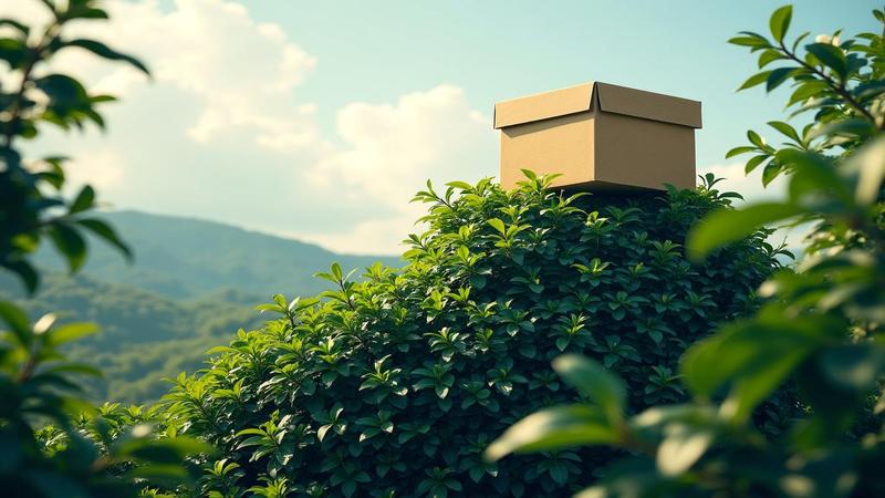 A sales chart camouflaged as jungle foliage, with a cardboard box perched triumphantly on the peak.