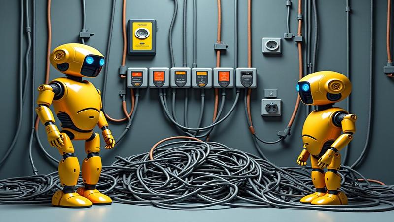 A clattering pile of cables and friendly robots stands beneath a wall of optimistic power points.