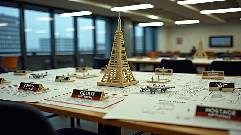 A makeshift negotiation table strewn with blueprint tubes, a model tower, and nameplates reading 'Comps,' 'Clout,' and 'Hostage Options,' under fluorescent airport lounge lights.