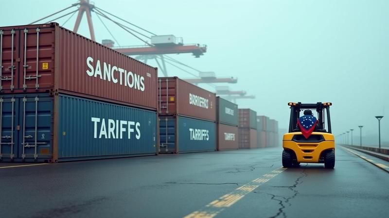 Shipping containers labeled 'SANCTIONS' and 'TARIFFS' queuing at a foggy port, a lonely forklift wearing an EU flag bandana.
