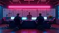 A neon-lit streaming desk surrounded by mystery boards and coffee cups as investigators arrive.