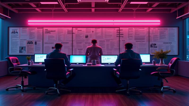 A neon-lit streaming desk surrounded by mystery boards and coffee cups as investigators arrive.