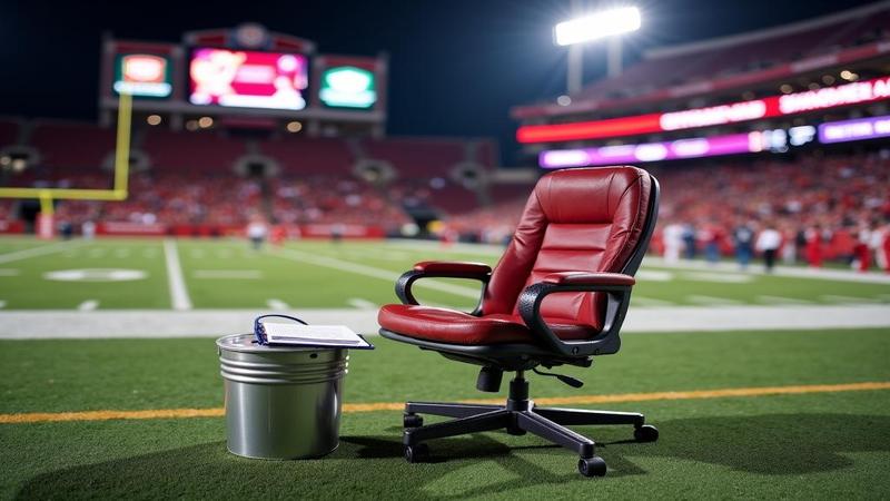 Empty interview chair on Lane Stadium’s 50-yard line, flanked by a lunch pail and a clipboard, under swirling Enter Sandman lights.
