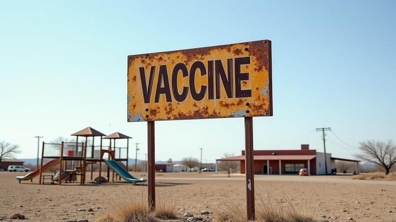 A rusted vaccine sign looms over a deserted playground near a Texas town.