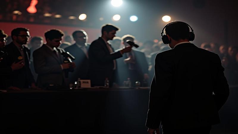 A shadowy figure at a press conference lit like a thriller, festival badges, microphones, and an anxious translator clutching a headset.