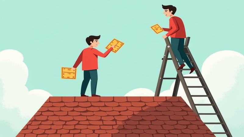 A stubborn man on a roof clutches ticket stubs like shingles while a ladder looks on, judgmental.