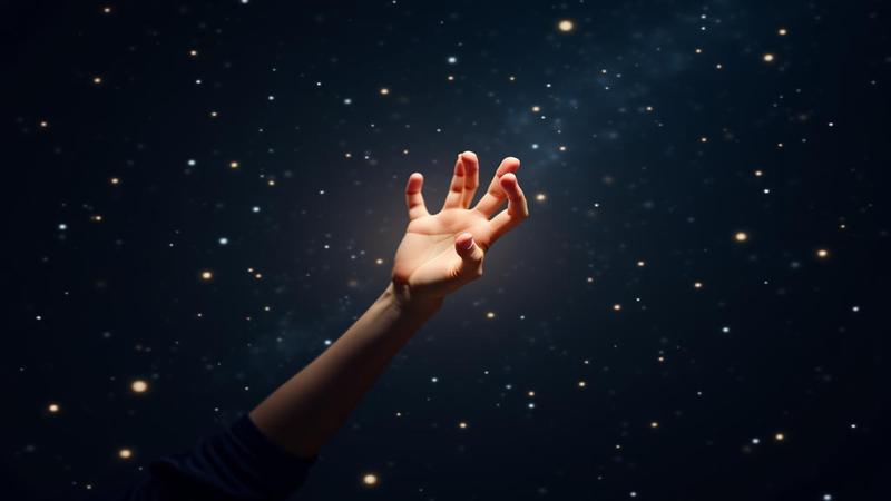 A luminous hand floats among the stars, posing like a cosmic model.