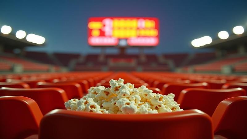 Close-up of a scoreboard beaming victory beside deserted rows of plastic seats and a single confused popcorn.