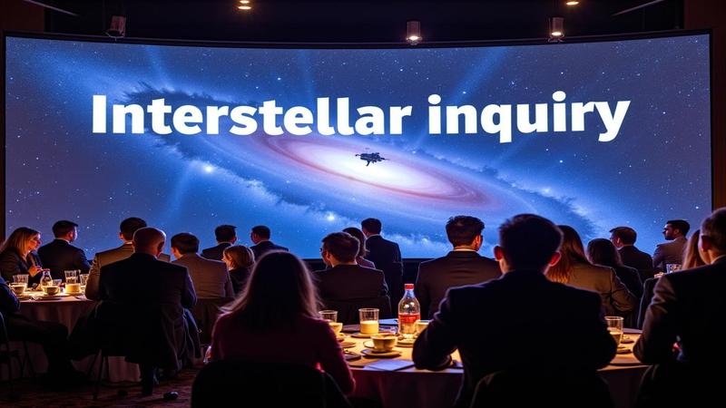 A conference banner proclaims interstellar inquiry as colleagues toast coffee and pretend to understand the data.