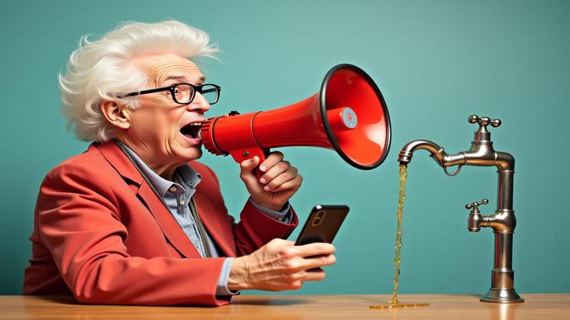 Grandma with a megaphone yelling at a smartphone while chain-forward memes dribble through a tiny faucet labeled