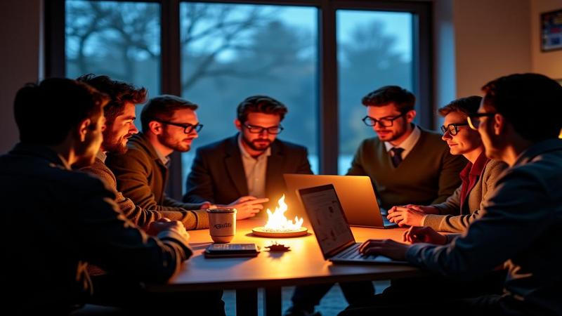 Office workers gathered around a window as if it's a campfire, laptops glowing, one coworker holding a reflective visor like a knight.