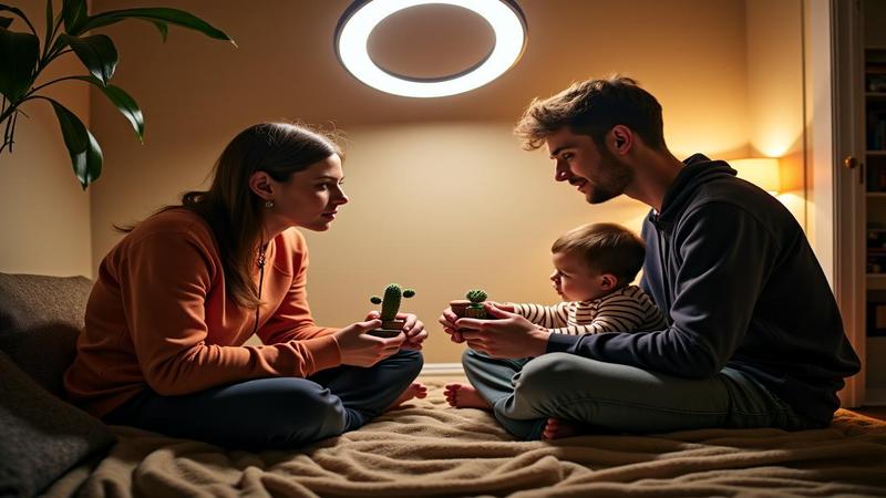Gen Z couple in a tiny apartment debating adoption pamphlets, a swaddled cactus, and a collapsible stroller under a ring light.