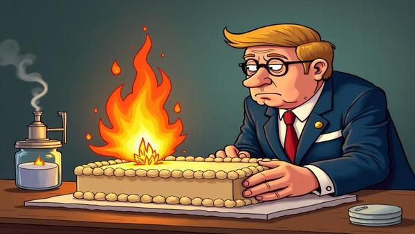 A solemn EU official stamps a cartoonishly large pipeline-shaped cake while a gas flame in a jar looks offended.