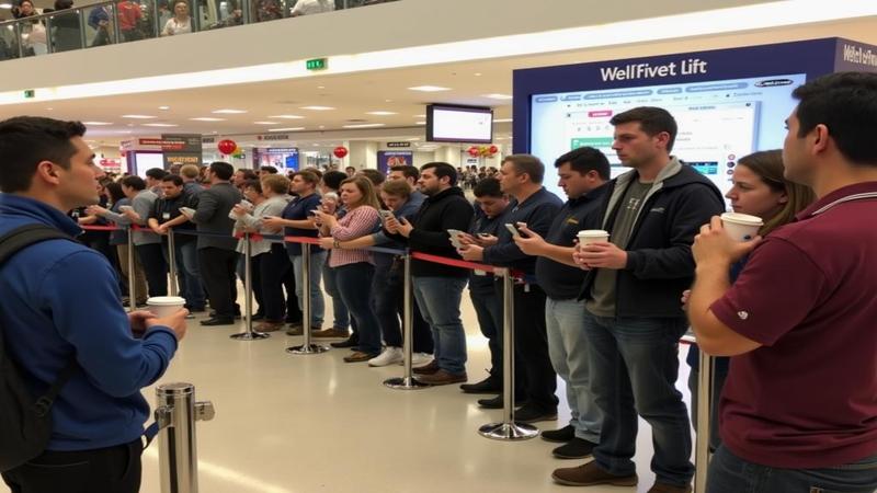 A queue winds through the mall as fans await a digital critter drop, phones raised and coffee cups clutched like sacred relics.