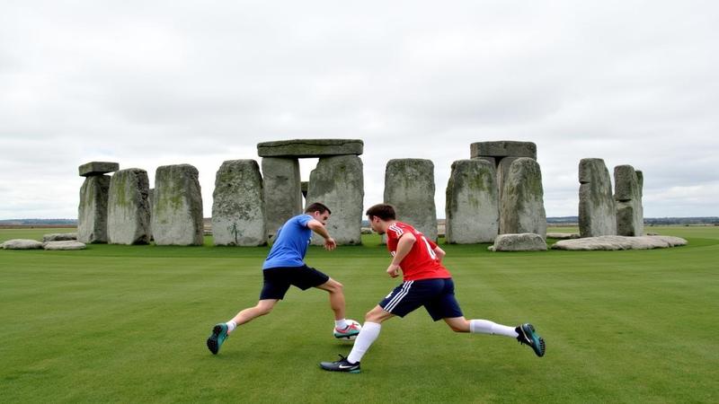 A kicker kneels before tilted goalposts like Stonehenge, calculating angles while teammates attempt interpretive protection.