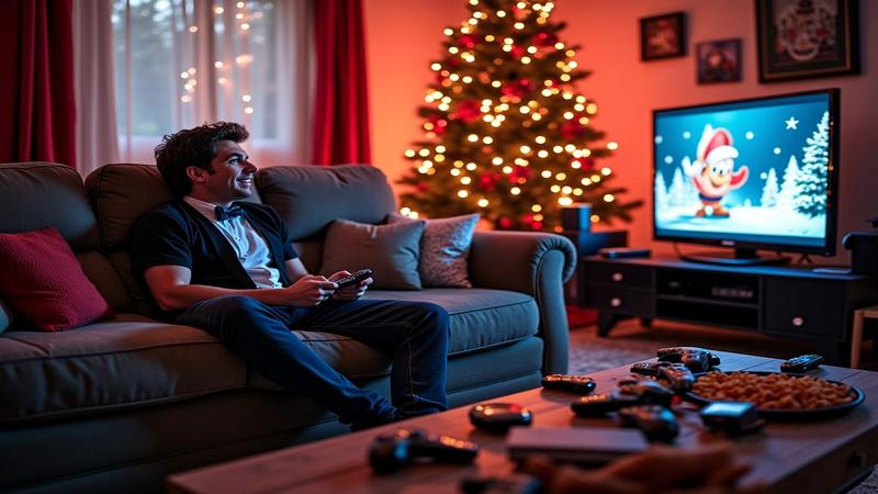 Couch fortress with tangled streaming gadgets, multiple remotes, scattered snacks, and a viewer in tuxedo T-shirt shouting at buffering wheel under festive twinkle lights.
