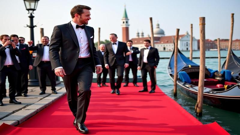 A tuxedoed guest stepping from a gondola onto a red carpet raft, photographers screaming like seagulls.