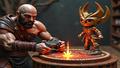 A DualSense controller tapping cardboard mana, Kratos peering over a Planeswalker, and a life counter flashing 0 as a PlayStation trophy pops 'You Spent $49.99'.