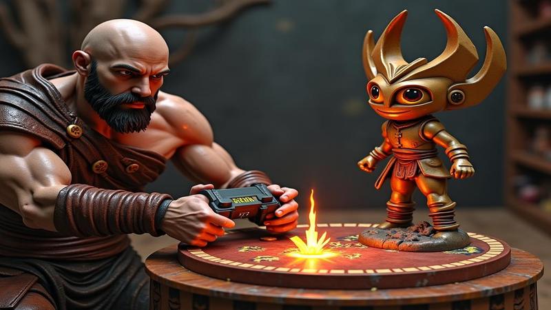 A DualSense controller tapping cardboard mana, Kratos peering over a Planeswalker, and a life counter flashing 0 as a PlayStation trophy pops 'You Spent $49.99'.