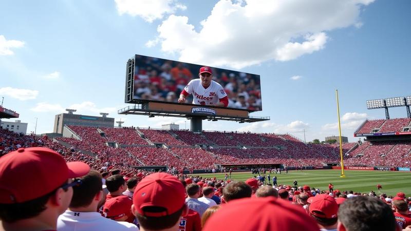 Bowling Green's billboard looms over a packed stadium, fans reacting with a mix of confusion and awe.