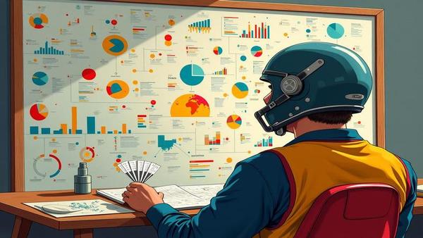 A fan studying a chaotic wall of color-coded charts while wearing a helmet, glaring at a coin toss graphic like it owes rent.