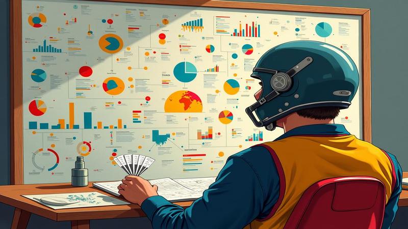 A fan studying a chaotic wall of color-coded charts while wearing a helmet, glaring at a coin toss graphic like it owes rent.