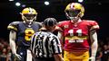 Two rival NFL uniforms on mannequins under runway lights, a referee with a measuring tape judging sleeve stripes like haute couture seams.