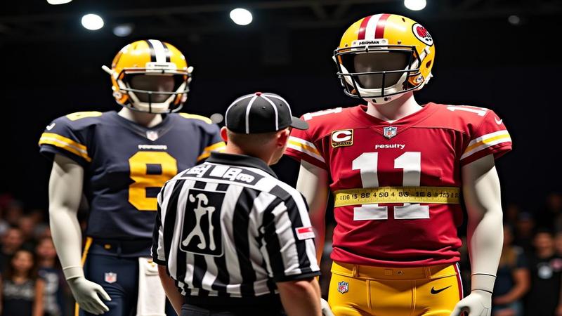 Two rival NFL uniforms on mannequins under runway lights, a referee with a measuring tape judging sleeve stripes like haute couture seams.