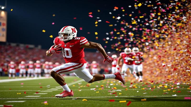 Nebraska returner bursting past bewildered Bearcats as confetti, corn, and a stray trombone fly through the crisp Midwestern night.