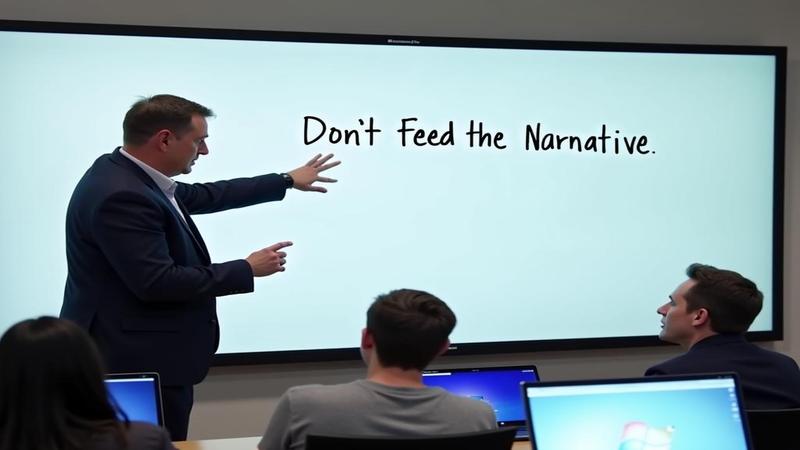 Microsoft's AI chief gestures toward a whiteboard labeled 'Don't Feed the Narrative,' as laptops nod in silent binary approval.