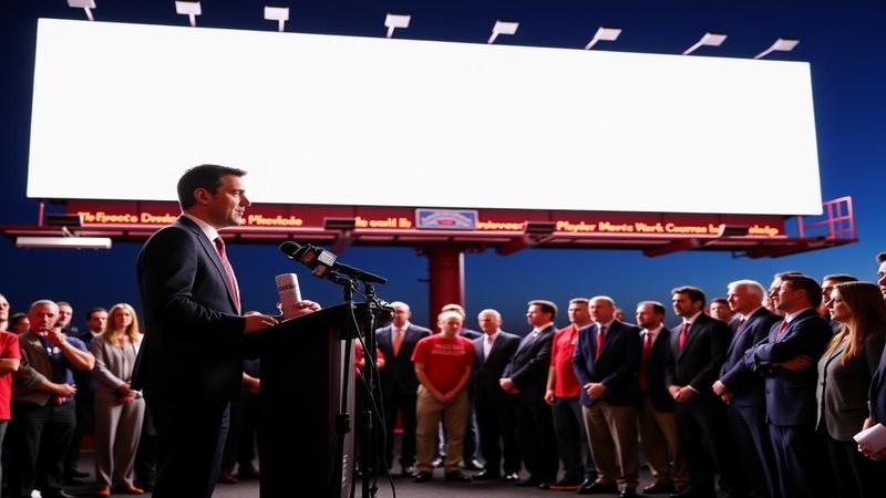 Coaches address reporters as the glowing billboard dominates the backdrop, sunlight replaced by neon signage.