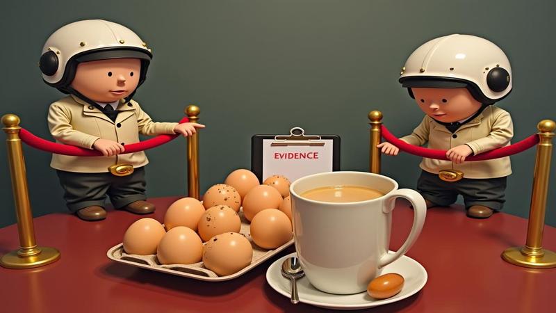 Eggs acting as helmeted security guards at the brain's velvet rope, confiscating donuts. Clipboard reads randomized trial; coffee mug labeled evidence.