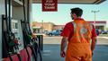 Gas station attendant in hazmat apron surveys empty pumps as a 'Fill Your Tank' poster winks from the wall.